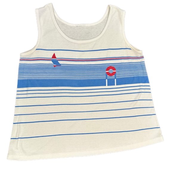 Vintage Tops - Vintage 80s Sailboat Blue & White Tank Top | No Size Label